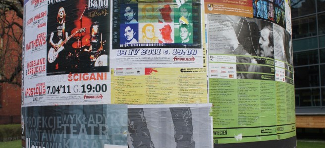 Słup Tarnowskie Góry with posters of concerts and events 2011