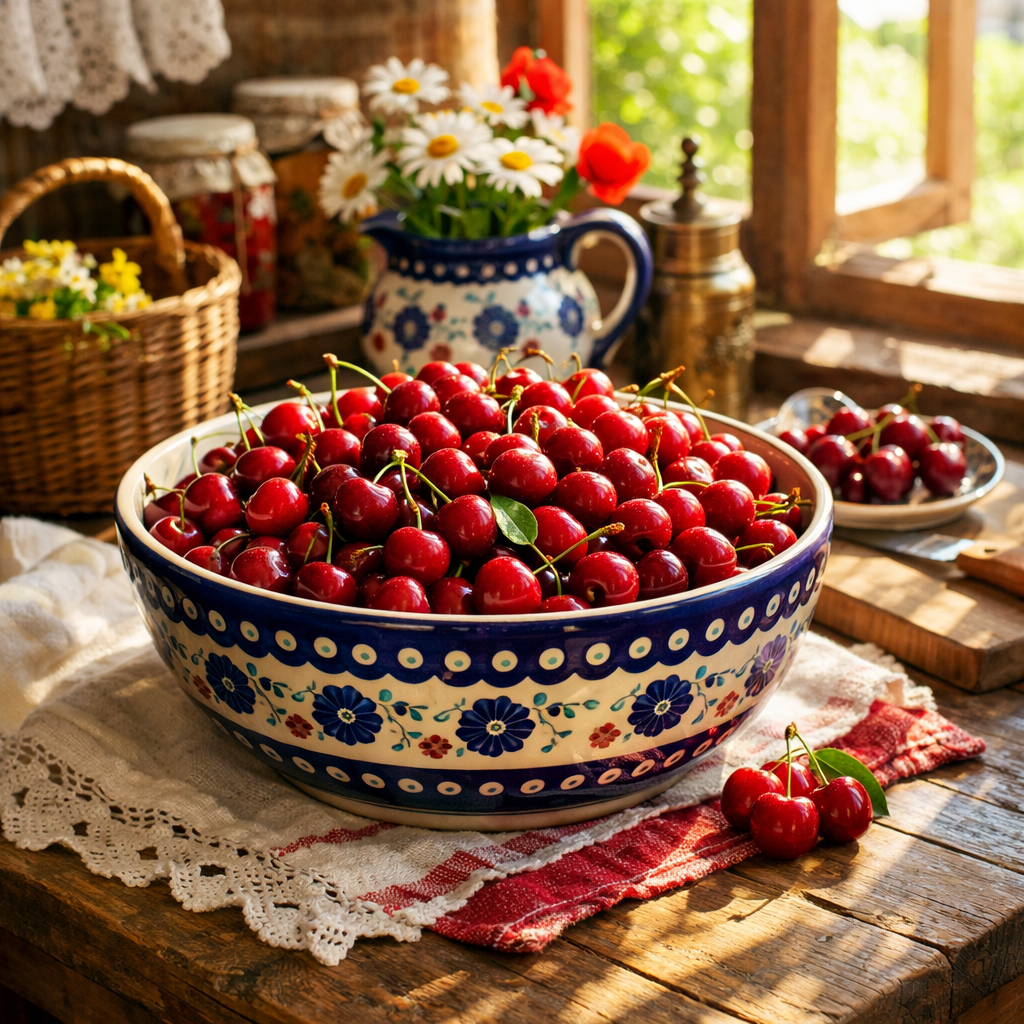 An enormous, overflowing bowl of fresh cherries on a kitchen table