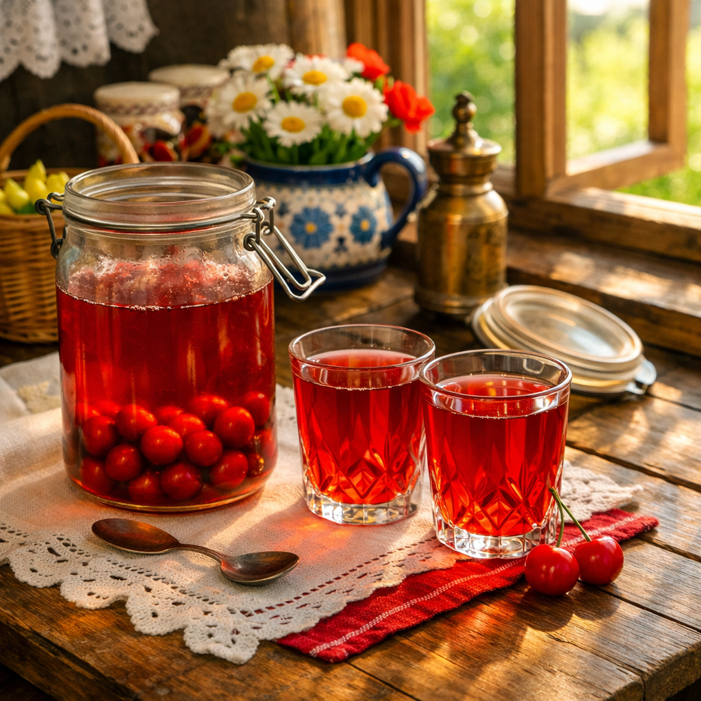 Pouring homemade cherry kompot into a glass