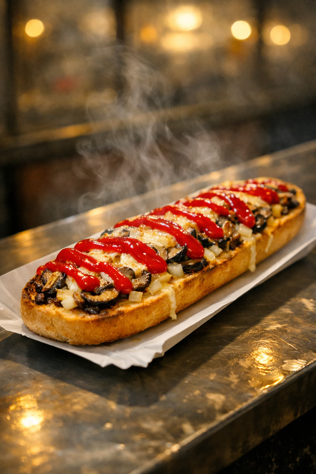 Traditional toasted Polish zapiekanka served on a paper tray