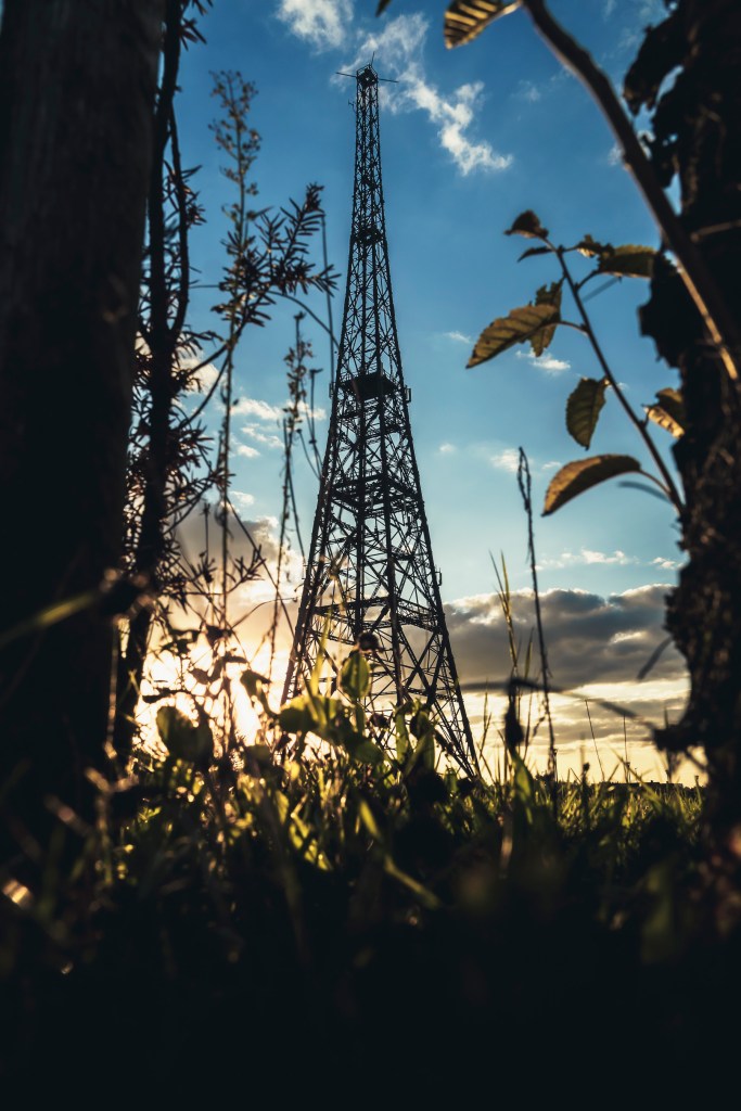 Radiostacja Gliwicka tower at dusk, seen through hedges.