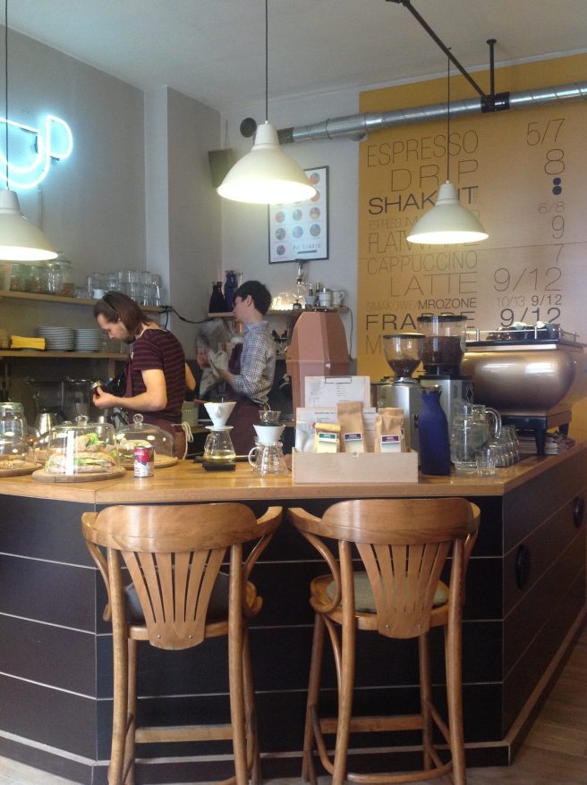Two baristas at work in a Polish Kawiarnia.